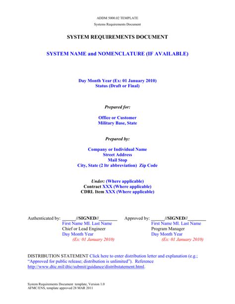 system requirements document srd template