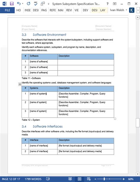 system requirements specification template word