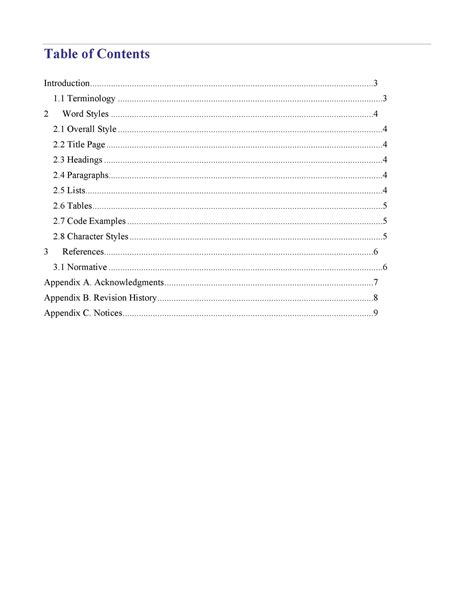 table of content example in word