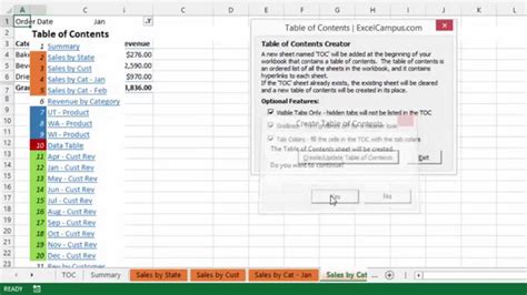 table of contents in excel