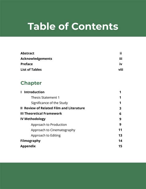 table of contents in research template