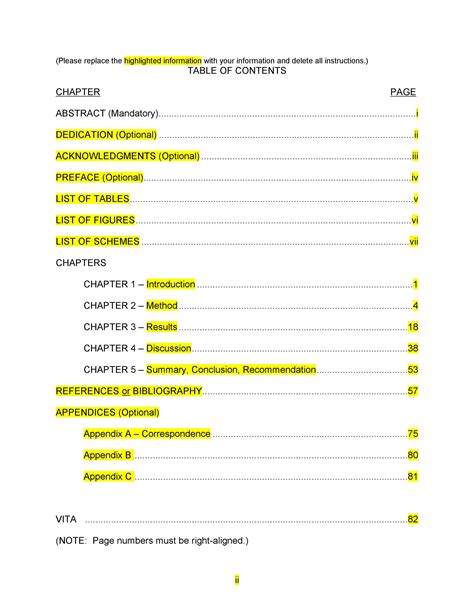 table of contents sample in word