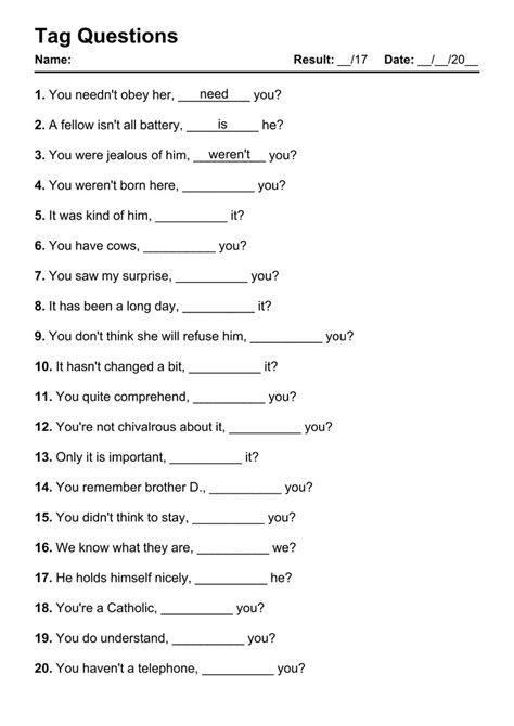 tag questions exercises with answers
