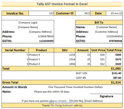 tally format gst bill in excel