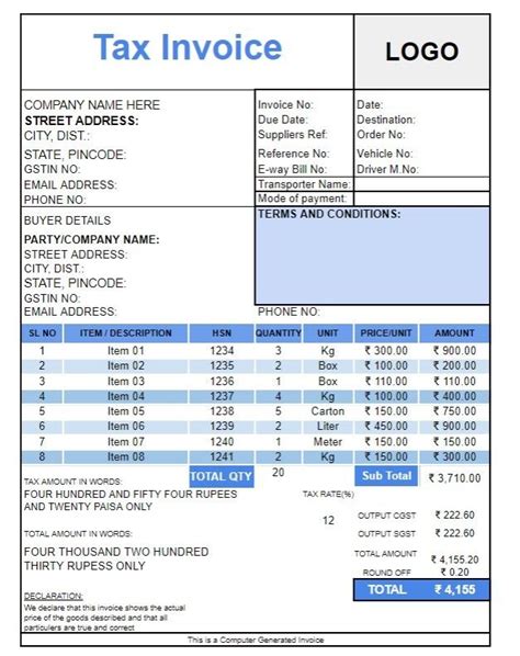 tally invoice format in excel free download with formula pdf