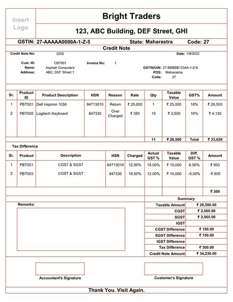 tax credit note format in excel