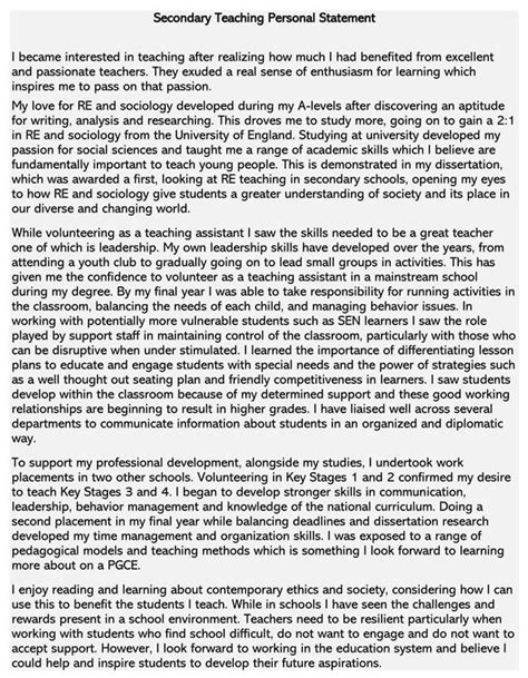 teaching job personal statement examples secondary