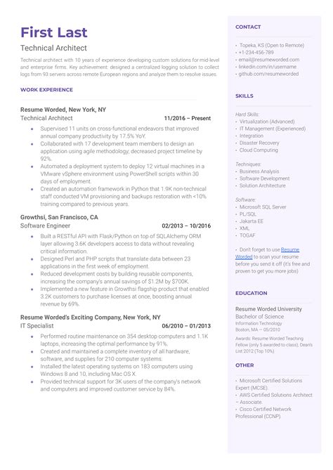 technical architect resume example