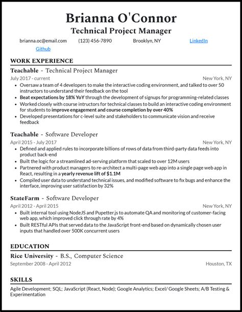 technical project manager cv template