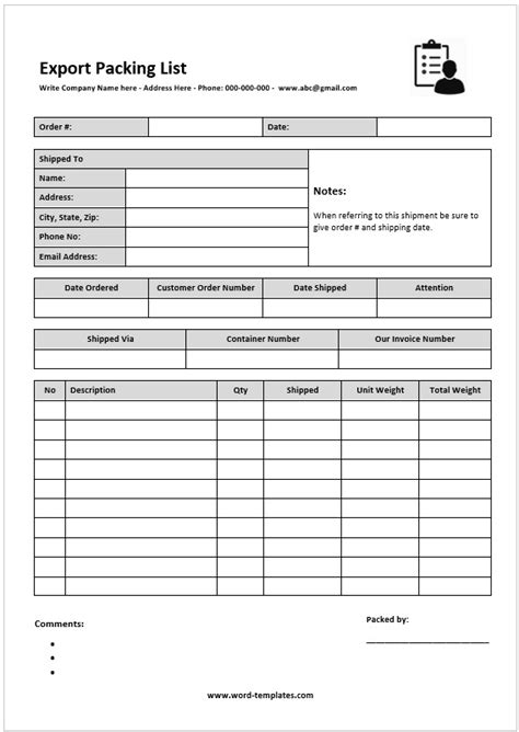 template of packing list for export