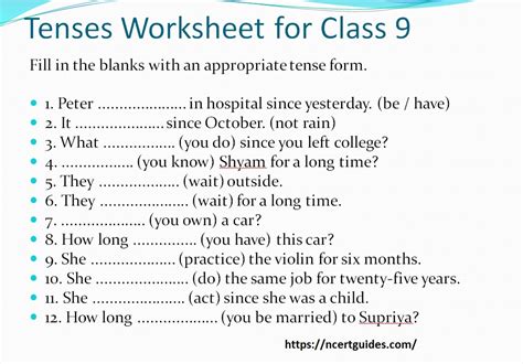 tenses practice questions with answers for class 9