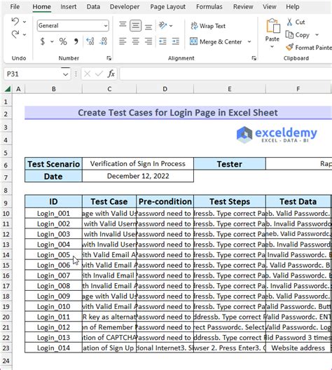 test case template excel for login page