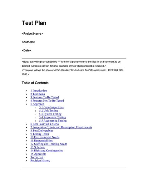 test plan document contents