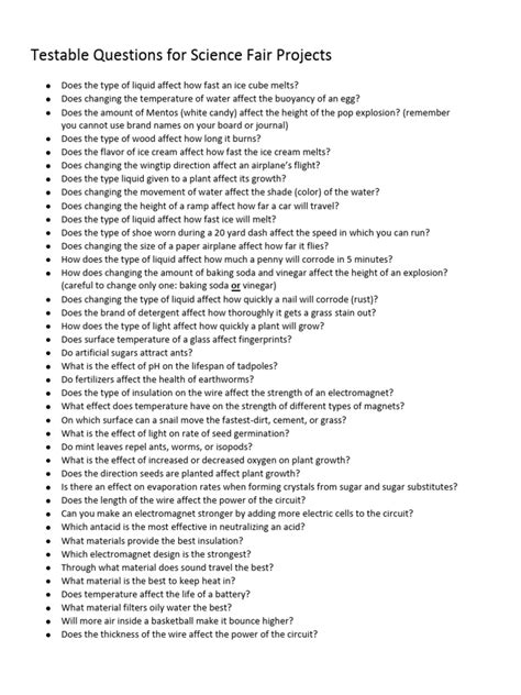 testable questions for science fair projects