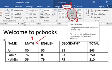 text direction in word table