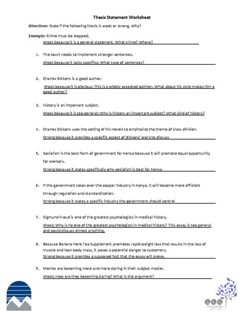 thesis statement worksheet answer key pdf