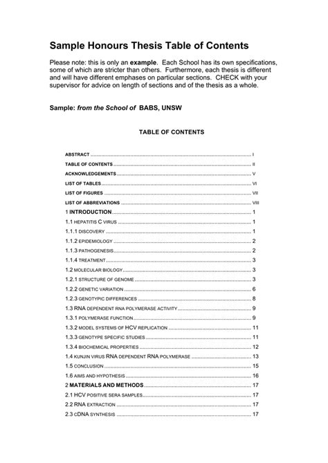 thesis table of content sample