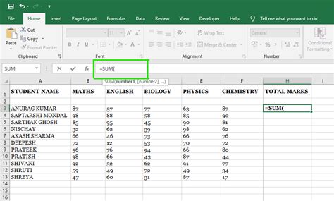 total number formula in excel
