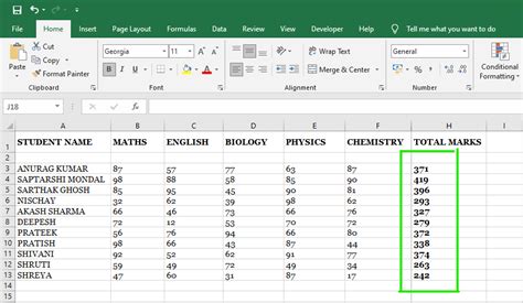 total number of students formula in excel