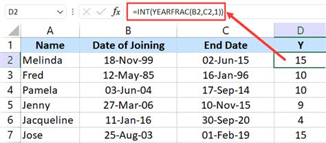 total number of years formula in excel