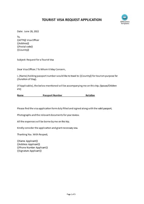 Tourist visa application letter example