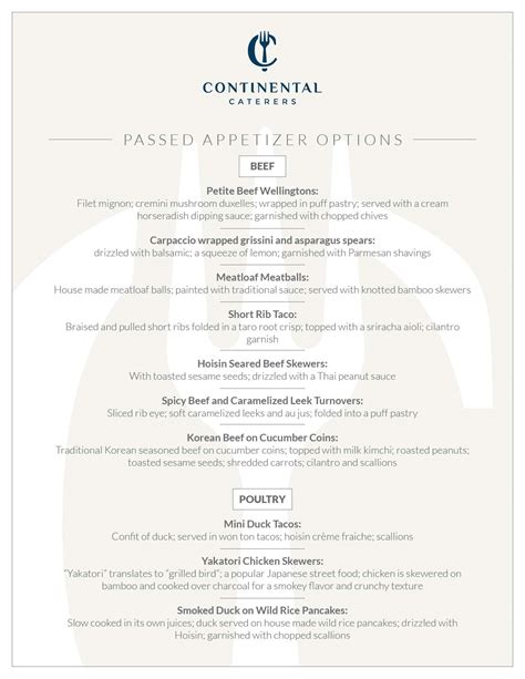 traditional continental main course menu list