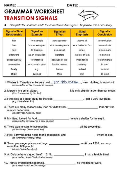 transition signals exercises with answers