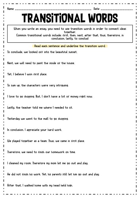 transition words examples 4th grade