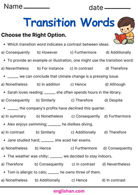 transition words exercises pdf with answers