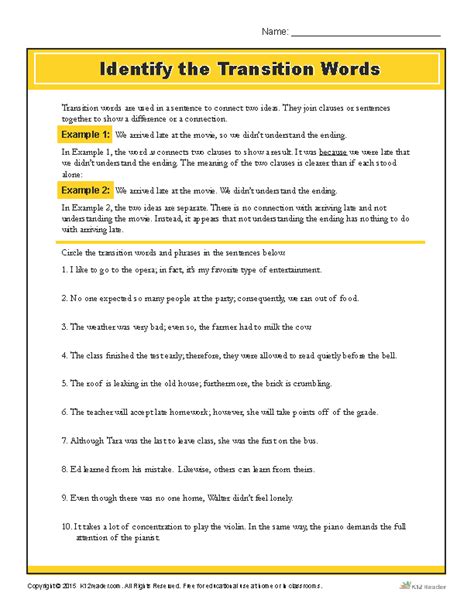 transition words in paragraphs worksheet