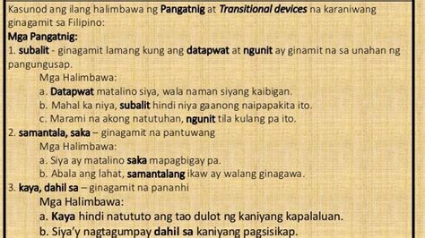 transitional devices examples sentences tagalog