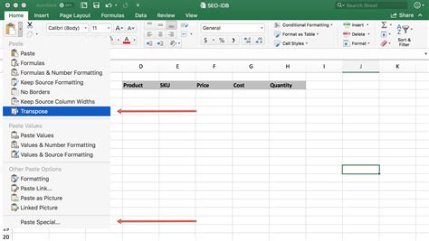 transpose in excel shortcut mac