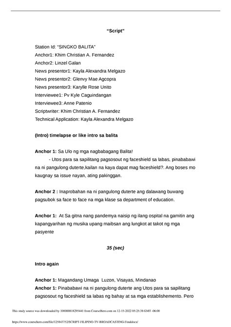tv broadcasting script sample tagalog