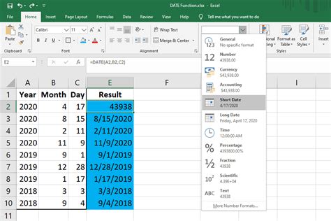 type date in excel formula