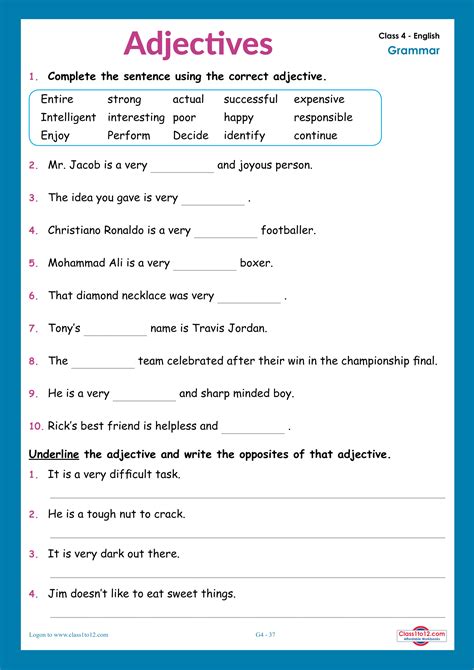 types of adjectives and examples for class 4 with answers