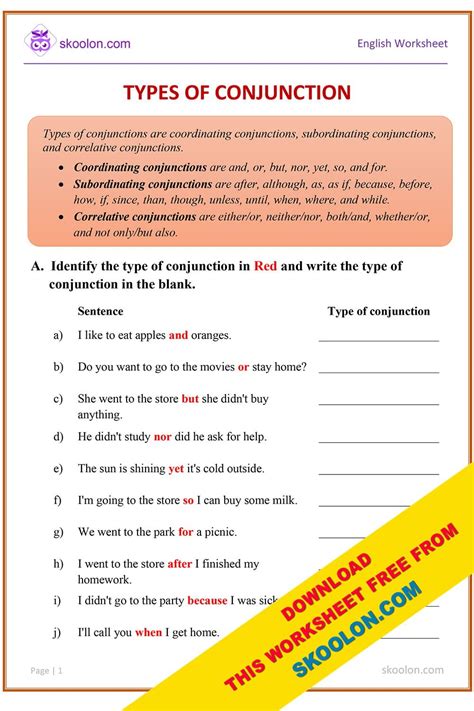 types of conjunctions worksheet
