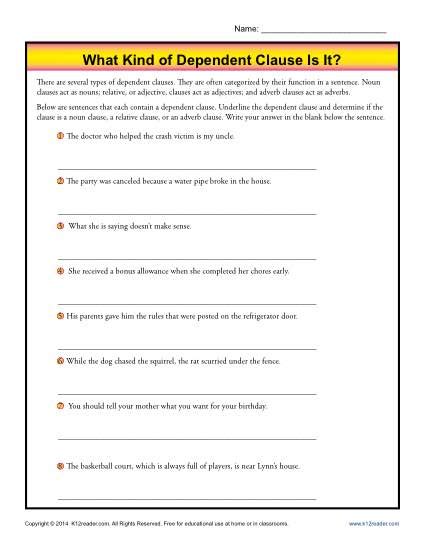 types of dependent clauses worksheet with answers pdf