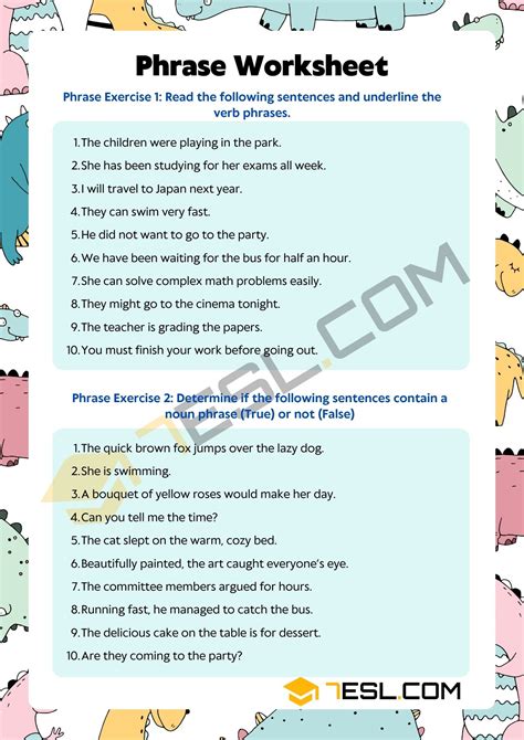 types of phrases exercises with answers for class 7