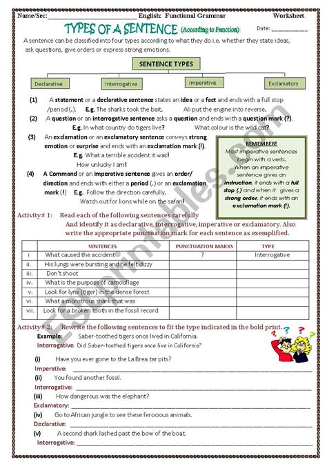 types of sentences according to function worksheet pdf