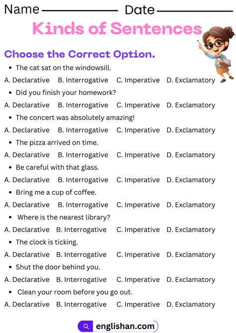 types of sentences exercises for class 6 with answers
