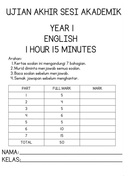 ujian uasa bahasa inggeris tahun 1