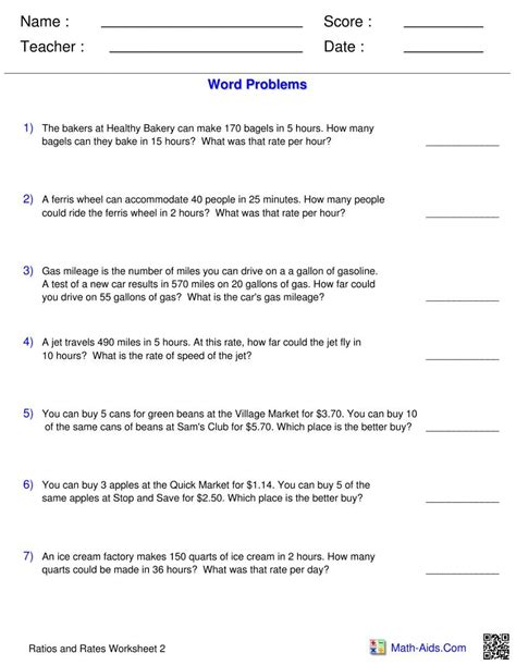 unit rate word problems worksheet with answers