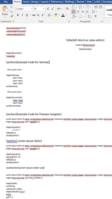 use latex code in word