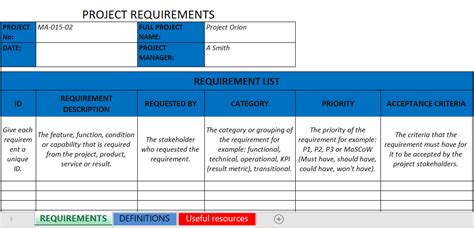user requirement specification template excel