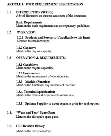 user requirement specification template pharma