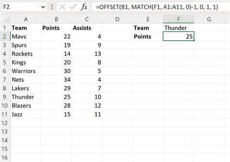 using offset and match together in excel
