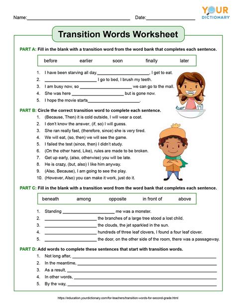 using transition words in writing worksheet