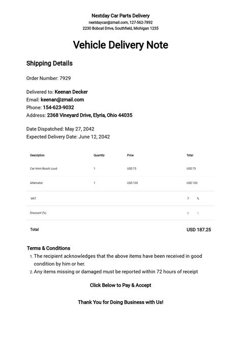 vehicle delivery note format in word pdf