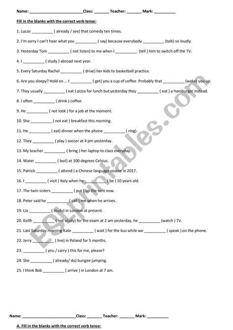 verb forms exercises with answers for class 9