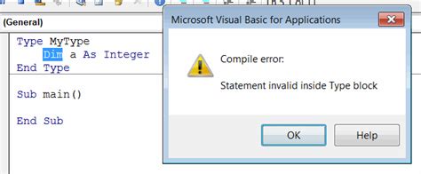 visual basic statement invalid outside type block